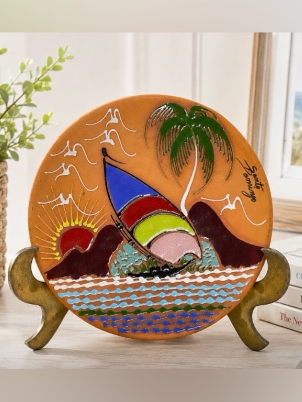 VTG Santo Domingo Terracotta Art Plate 8" Sailboat Palm Tree Tropical Folk Art
